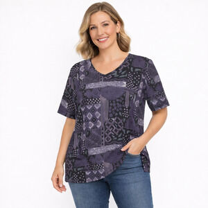 Vintage Frazier Lawrence Womens Short Sleeve Geometric Top 2X Black Gray EUC